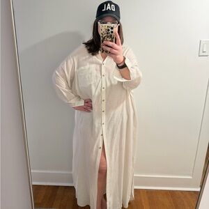 By Anthropologie oversized linen button-front maxi dress 1X cream